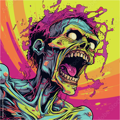 Psychedelic zombie skull design tshirt design vector