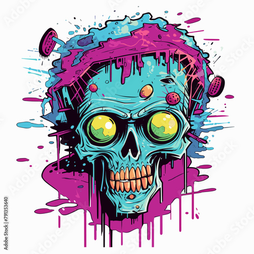 Psychedelic zombie skull design tshirt design vector