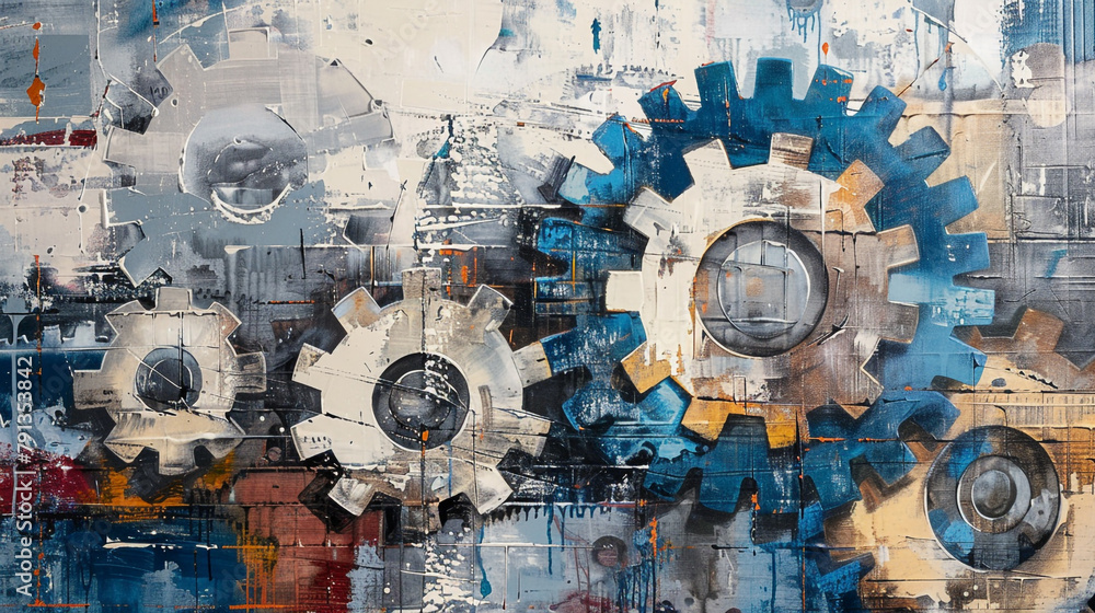 Abstract painting of interlocking gears and cogs, symbolizing the interconnectedness in the machine building business.