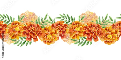 Marigolds, seamless border. Hand drawn watercolor illustration of flowers on white background. For cards, invitations, labels, Mexican Day of the Dead