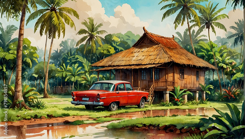 A traditional Malay wooden house surrounded by a spacious yard with banana trees, coconut trees around the house and an old car parked in the yard.