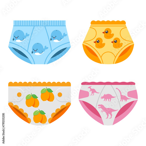 Baby waterproof training diaper and pants vector cartoon set isolated on a white background.
