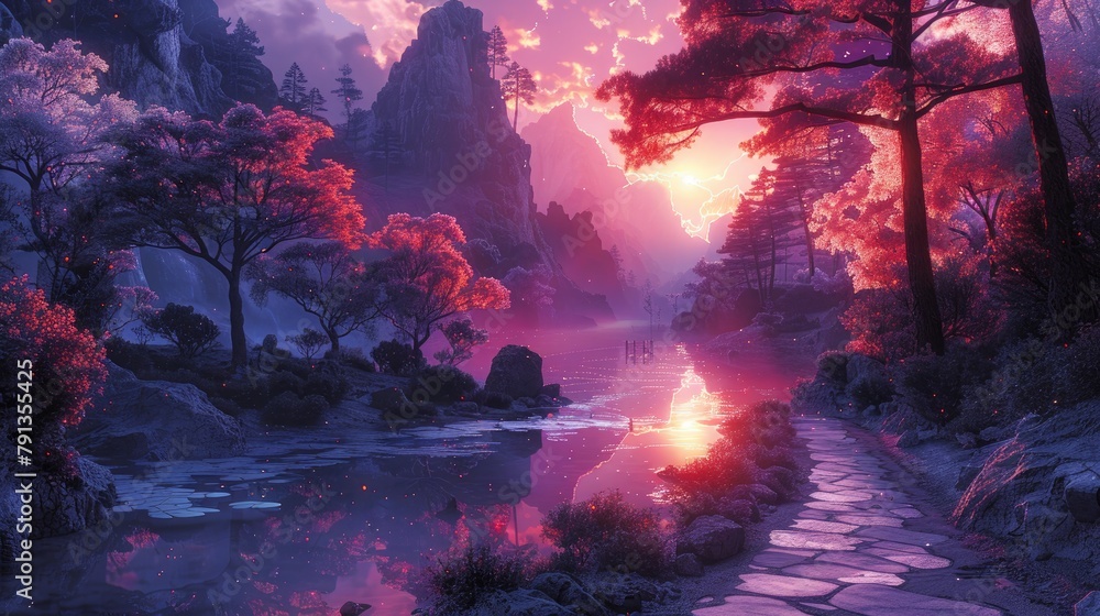 A fantasy landscape with vibrant pink blossoms under a sunset sky, reflected in a serene mountain lake, creating a scene of tranquility and enchantment. A fantasy landscape with vibrant pink blossoms under a sunset sky, reflected in a serene mountain lake, creating a scene of tranquility and enchantment.