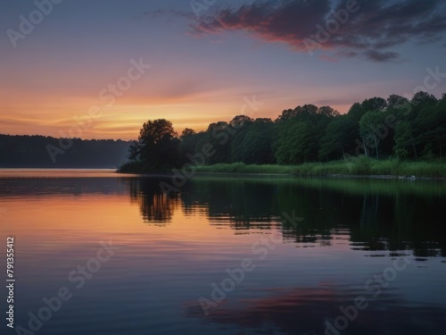 Tranquil Twilight: Dusk Descends on Calm Waters, Nature's Stillness Reflects Evening's Peaceful Embrace