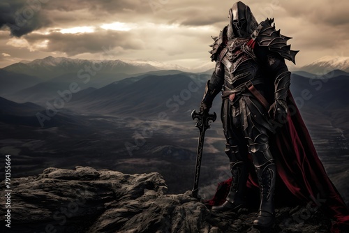 Knight in armor with sword on the top of the mountain. 3d illustration