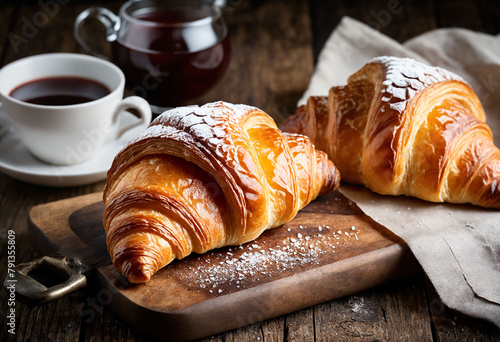 Freshly baked coissant on rustic table photo