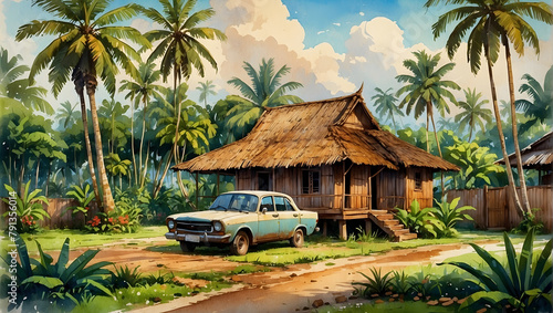 A traditional Malay wooden house surrounded by a spacious yard with trees around the house and an old car parked in the yard.