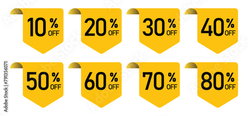 discount sticker product tag set. shopping discount label badge with 10, 20, 30, 40, 50, 60, 70, 80 percent off. vector symbol on transparent background.