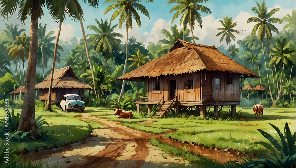 A traditional Malay wooden house surrounded by a spacious yard with banana trees, coconut trees around the house and an old car parked in the yard. A traditional Malay wooden house surrounded by a spacious yard with banana trees, coconut trees around the house and an old car parked in the yard.