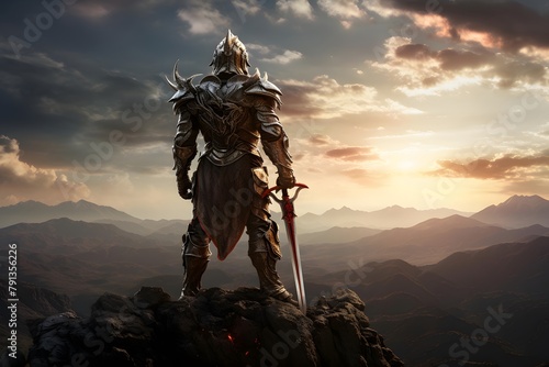3D render of a fantasy alien warrior in the mountains at sunset