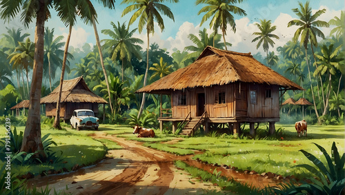 A traditional Malay wooden house surrounded by a spacious yard with banana trees, coconut trees around the house and an old car parked in the yard.