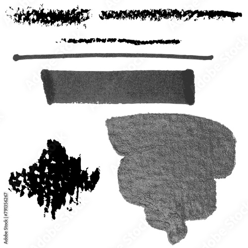 Vector set of strokes of different thicknesses, shapes, and textures. Isolated objects on a white background.