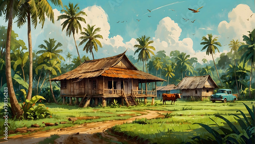 A traditional Malay wooden house surrounded by a spacious yard with banana trees, coconut trees around the house.
 