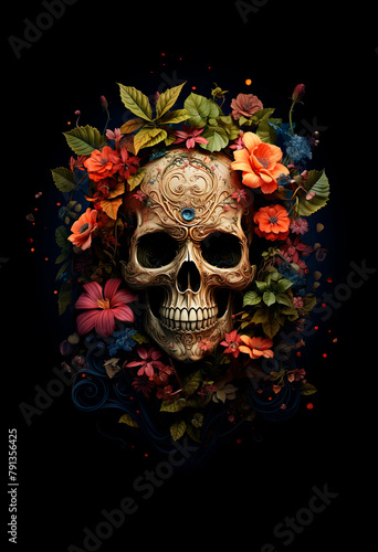 Skull with Decorative Flowers. Generative AI.  photo