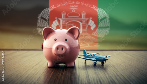 A piggy bank with an airplane against the backdrop of the Afghanistan flag. Saving money for vacations, leisure, and flights.