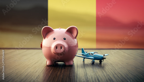 A piggy bank with an airplane against the backdrop of the Belgium flag. Saving money for vacations, leisure, and flights.