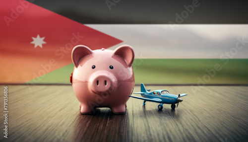 A piggy bank with an airplane against the backdrop of the Jordan flag. Saving money for vacations, leisure, and flights.