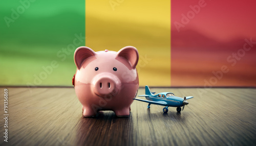 A piggy bank with an airplane against the backdrop of the Mali flag. Saving money for vacations, leisure, and flights.