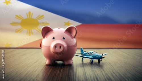 A piggy bank with an airplane against the backdrop of the Philippines flag. Saving money for vacations, leisure, and flights.