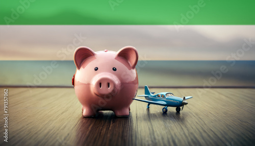 A piggy bank with an airplane against the backdrop of the Sierra Leone flag. Saving money for vacations, leisure, and flights. photo