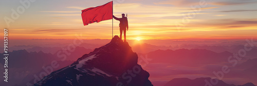 Businessman with flag standing on mountain top Businessman climbing for business success goals and orange , yellow sunset sky background and wallpaper, Man on top of a mountain with red flag goal succ photo