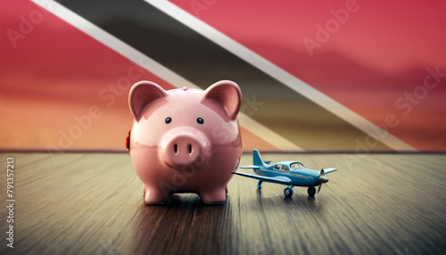 A piggy bank with an airplane against the backdrop of the Trinidad and Tobago flag. Saving money for vacations, leisure, and flights.
