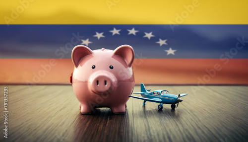 A piggy bank with an airplane against the backdrop of the Venezuela flag. Saving money for vacations, leisure, and flights.