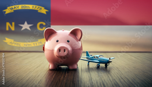 A piggy bank with an airplane against the backdrop of the North Carolina flag. Saving money for vacations, leisure, and flights.