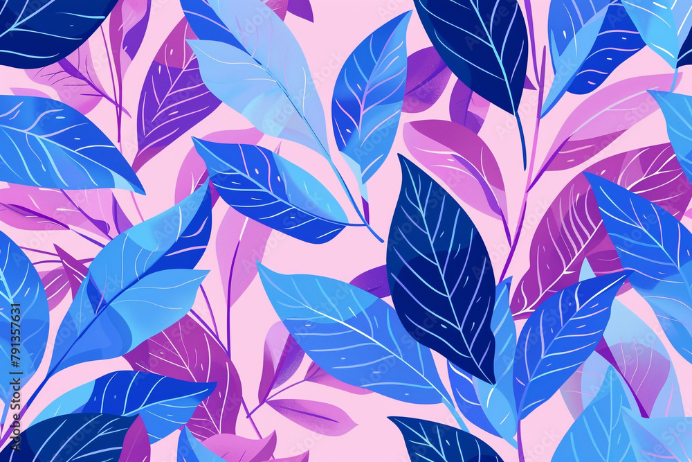 A flat vector illustration of a pink background with blue and purple leaves in a seamless pattern of simple shapes and flat color. Vibrant color. A flat vector illustration of a pink background with blue and purple leaves in a seamless pattern of simple shapes and flat color. Vibrant color.
