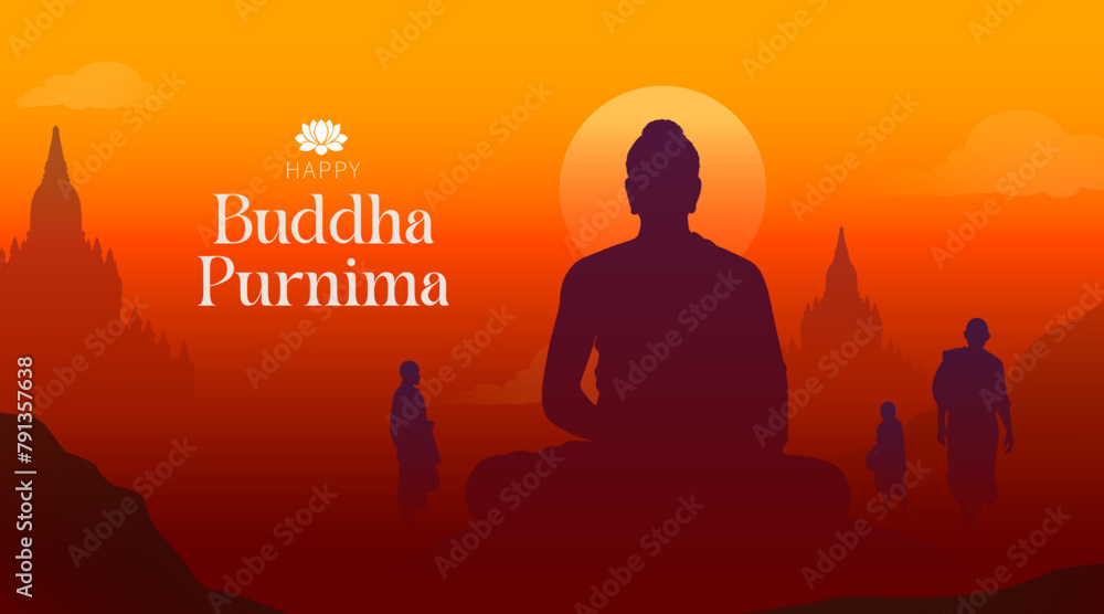 Happy Buddha Purnima, Happy Vesak Day,  wishes greetings with a buddha minimal vector illustration. Can be used for posters, banners, greetings, and print design - obrazy, fototapety, plakaty 