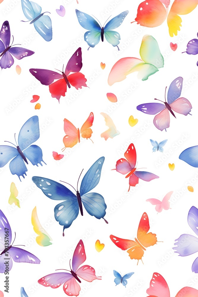 Watercolor painted background of butterflies, rainbow colors, vibrant invitation, wedding, card, banner, with copy space