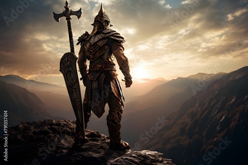 Medieval knight with sword on the top of mountain. 3d render