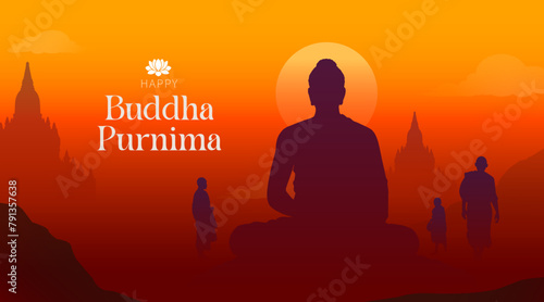 Happy Buddha Purnima, Happy Vesak Day,  wishes greetings with a buddha minimal vector illustration. Can be used for posters, banners, greetings, and print design photo