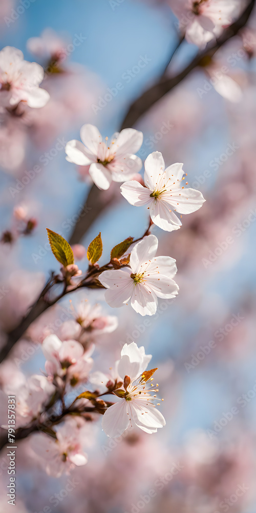 Cherry blossom in full bloom against stark minimalist landscape. Soft spring breeze brings petals to life