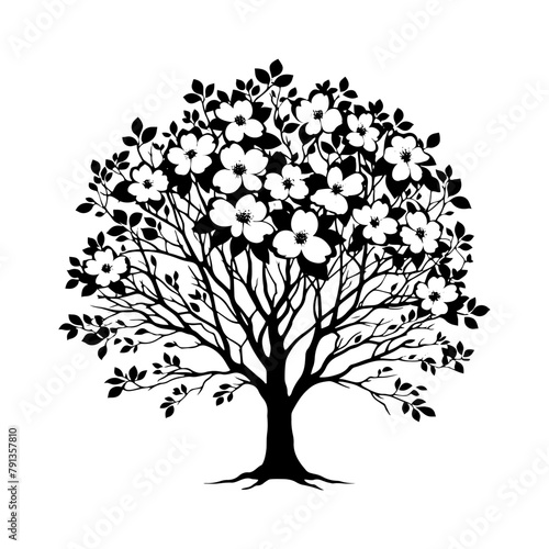Night's Bloom: Black Vector Dogwood Tree Silhouette, Nature's Floral Tapestry Unveiled Under Moonlight- Dogwood Illustration- Dogwood Vector Stock