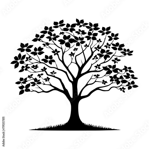 Night's Bloom: Black Vector Dogwood Tree Silhouette, Nature's Floral Tapestry Unveiled Under Moonlight- Dogwood Illustration- Dogwood Vector Stock