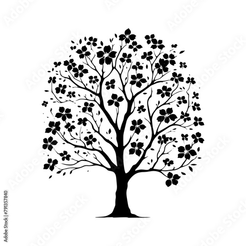 Night's Bloom: Black Vector Dogwood Tree Silhouette, Nature's Floral Tapestry Unveiled Under Moonlight- Dogwood Illustration- Dogwood Vector Stock