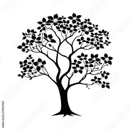 Night's Bloom: Black Vector Dogwood Tree Silhouette, Nature's Floral Tapestry Unveiled Under Moonlight- Dogwood Illustration- Dogwood Vector Stock