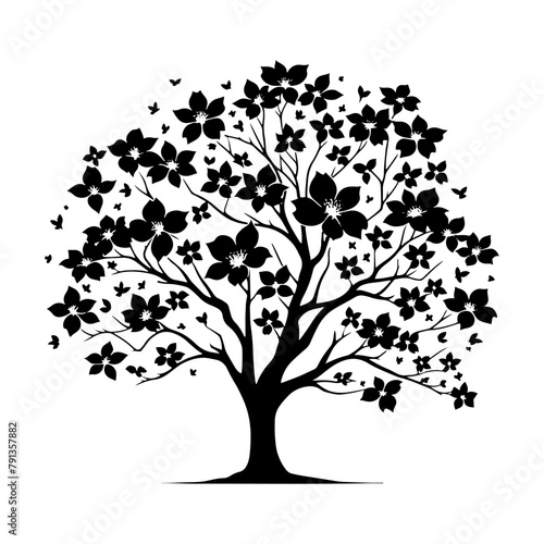 Night's Bloom: Black Vector Dogwood Tree Silhouette, Nature's Floral Tapestry Unveiled Under Moonlight- Dogwood Illustration- Dogwood Vector Stock