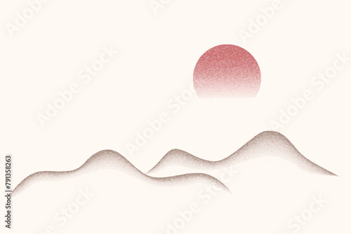 Dotted grainy gradient mountains and sun. Stipple vector effect with dust texture. Solar eclipse in desert. Night landscape with moon. Fade grunge background. Vintage retro design