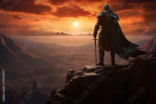 3D rendering of a fantasy warrior with a sword on top of a mountain