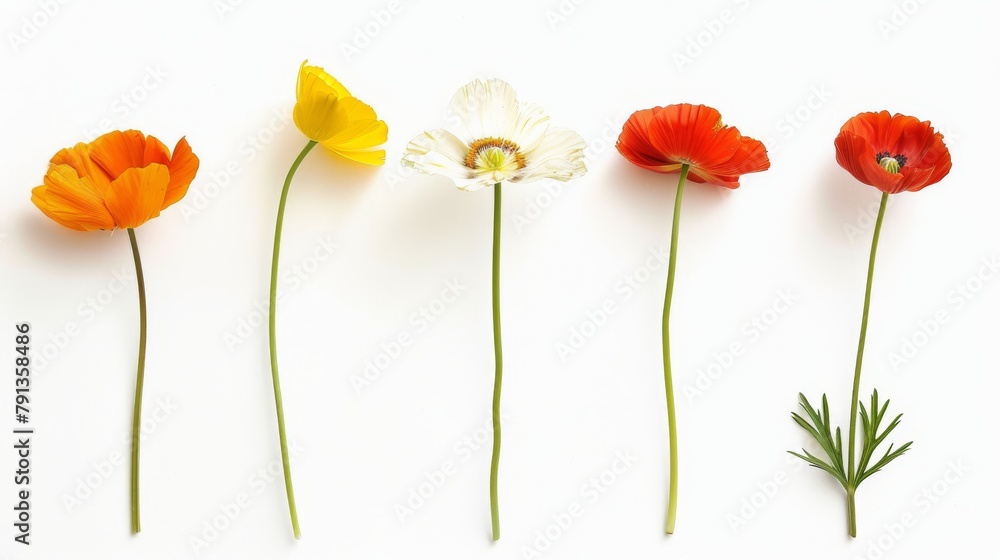 Obraz premium a delicate lineup of various flowers with elegant stems on a white background, conveying a sense of purity and simplicity.