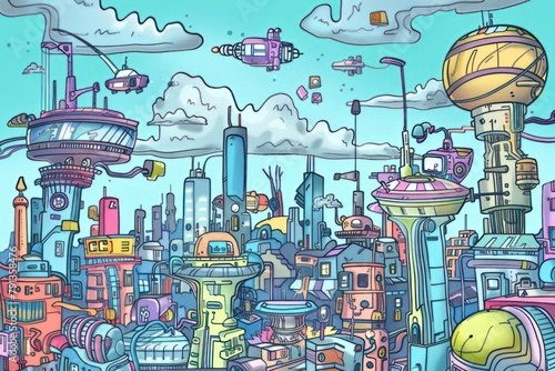 Cartoon cute doodles of a futuristic cityscape where robots and humans work together to build a better world, Generative AI
