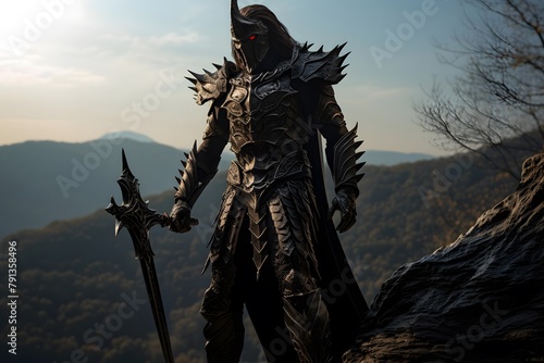 Fantasy warrior in armor on the background of mountains. 3d illustration