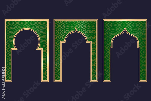 Ramadan Islamic arch frame with ornament. Vector Muslim traditional door illustration for wedding invitation post and templates. Golden and green frames in oriental style. Persian windows shapes set. photo