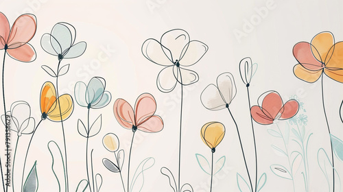 Simple line drawing of cute pastel flowers  minimalistic design  2d illustration on a white background with flat colours 