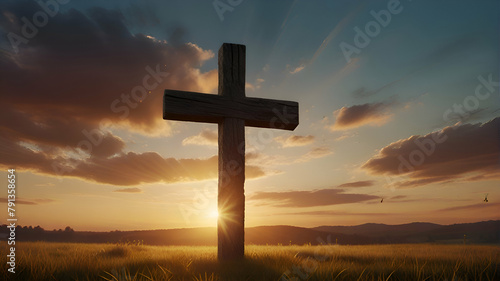 Ascension day concept. The cross on meadow autumn sunrise background. 4K Video, 8k © Badi
