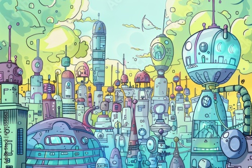 Cartoon cute doodles of a futuristic cityscape where robots and humans work together to build a better world, Generative AI