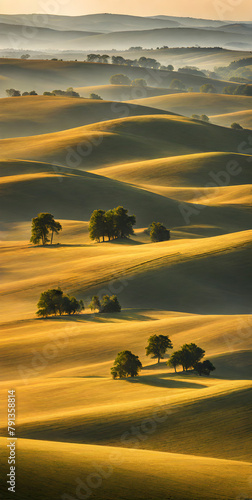 Golden sunlight bathes rolling hills in minimalist summer landscape