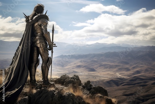 Medieval knight in armor on the top of the mountain. 3d render